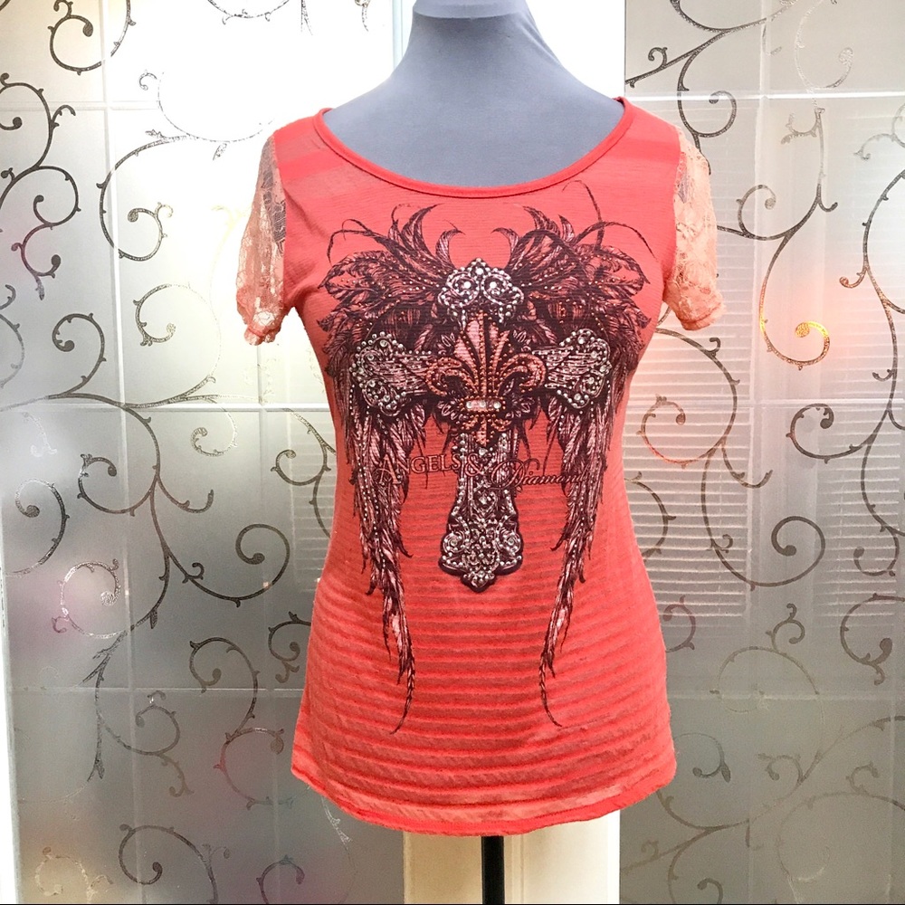 EUC- ANGLES & DIAMONDS SHEER LACE TANGERINE SHIRT
